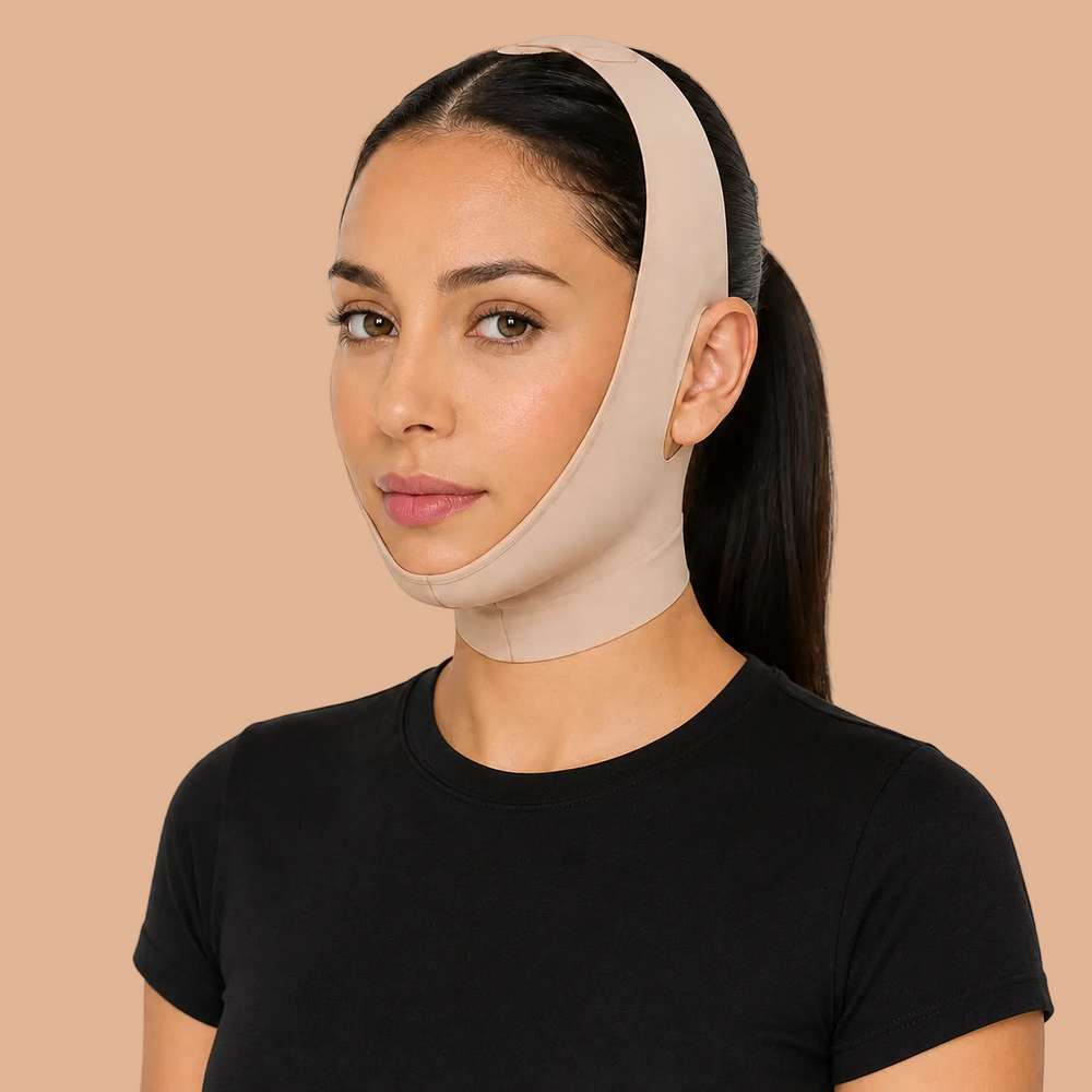 UNPUFF Sculpting Face Wrap — overnight face slimming strap and double chin reducer in nude beige
